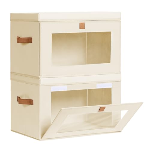 Homsorout Large Closet Storage Organizer - Clothes Storage Bins with Handles & Window, Collapsible Decorative Boxes with Lids, Fabric Containers for Living Room, Dorm, 2 Pack, Beige - color: Beige, size: Large - 2 Pack