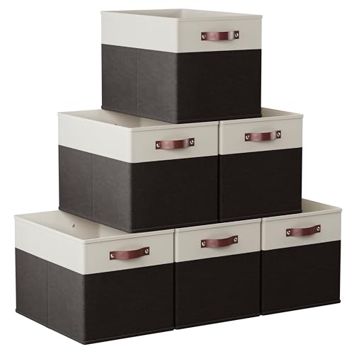 Ornavo Home 13 x 15 x 13 Kallax Storage Cube Bins, Foldable Collapsible Fabric Storage Bins Box Linen Shelf Basket Cube Organizer for Closet with Leather Handles, 6 Pack, White/Black - color: White/Black, size: Kallax - 13 x 15 x 13