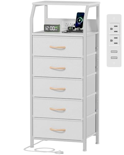 Furnulem 5 Drawers Dresser with Charging Station, Tall Night Stand with Open Shelf, Storage Tower with PVC & Fabric Drawer, Bedside Table for Bedroom, Closet, Entryway, 3 Ways to Use, White - color: White, size: 5 Drawer