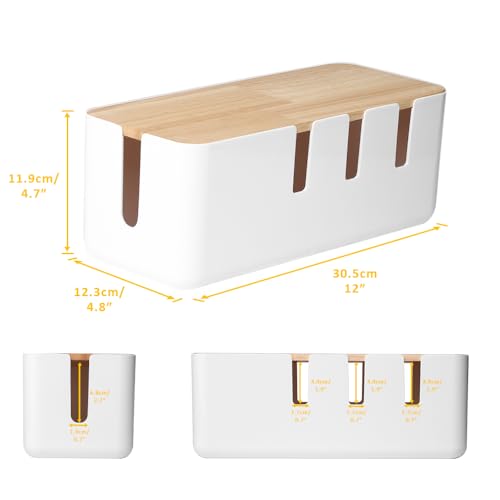 Cable Management Box by Baskiss, 12x5x4.5 inches, Wood Lid, Wire Organizer for Desk TV Computer USB Hub System to Cover and Hide & Power Strips & Cords
