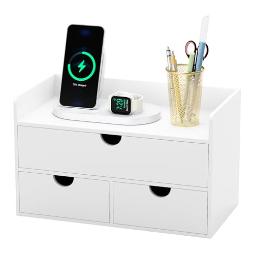 Bamboo Desk Organizer with Drawers Desktop Storage Drawers for Bills Office Supplies Kitchen Utensils Organizing Tool for Home Classroom Organization No Assembly (White with Shelf) - color: White with Shelf