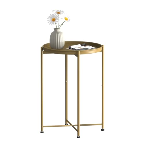 Garden 4 you Small Side Table, Gold Mini Round End Table, Tray Table with Metal Frame, Modern Nightstand for Living Room, Bedroom, Patio, Small Space, 1PCS - color: Gold, size: 1 PCS