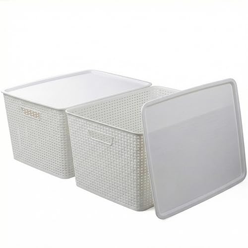 BINO | Plastic Storage Baskets with Lids, 45 Liter - 3 Pack, White | THE WOVEN COLLECTION | Storage Basket for Shelves | Woven Storage Baskets for Organizing Bins Pantry Shelf Organizer Container Bin - color: White, size: 45L | 2-Pack