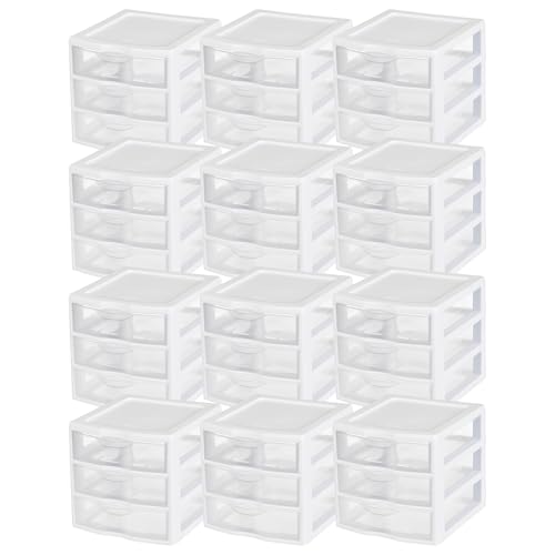 Sterilite 12-Pack Clearview 3-Drawer Cart, Small Plastic Storage Organizer Drawers, White - Organizing Drawer Containers for Bathroom, Closet, Kitchen, and Bedroom - size: 12 Packs
