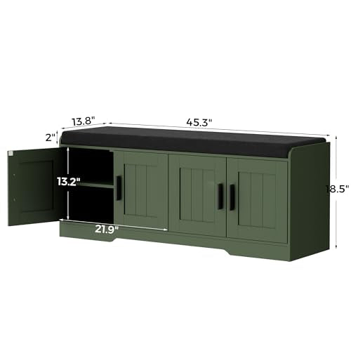 Homleke 2-Tier Storage Bench, Shoe Bench with Thickened Padded Seat Cushion, Entryway Bench with 4 Doors, Adjustable Shelf, 13.8" D x 45.3" W x 18.5" H, for Entryway, Living Room, Bedroom, Green - color: Green, size: 45.3"