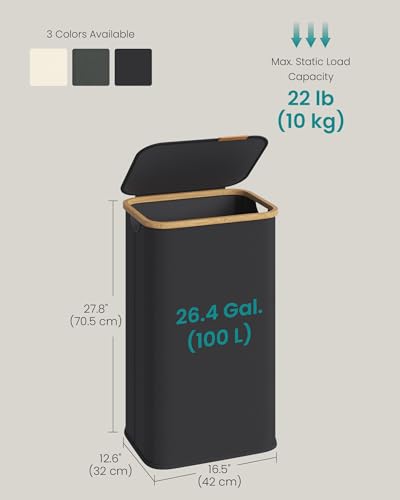 SONGMICS Laundry Hamper, Laundry Basket with Lid, Foldable Storage Basket, Bamboo Frame, for Bedroom, Living Room, Oxford Fabric, 26.4 Gal. (100 L), Ink Black ULCB518BH01 - color: Ink Black, size: 100 L (1-Section)