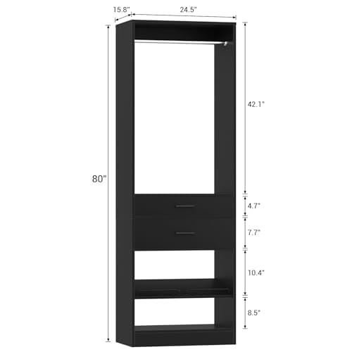 Unikito 25" W x 80" H Closet Organizer Storage with Hanging Rod and 2 Wooden Drawer, Adjustable Angled Shoes Rack, Sturdy Garment Racks, Walk-in Closet Tower for Bedroom, Mudroom, and Entryway, Black - color: Black, size: 25 Inch