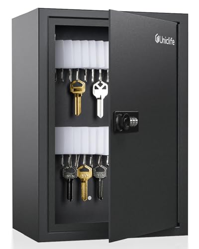Uniclife 40 Position Slotted Key Cabinet with Combination Lock Resettable Black Digital Security Storage Box Steel Key Organizer with Slotted Racks White Key Tag Labels and Permanent Pen - color: Black, size: 40 Keys