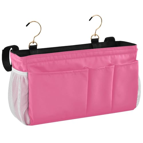Neon Rose Red Bedside Caddy Storage Bag Bedside Organizer for Dorm Room Top Bunk Bed Hanging Bag Bedside Shelf 6 Pockets with Hooks for Magazine Water Bottle Holder - color: Neon Rose Red