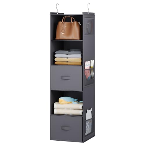 YOUDENOVA Hanging Closet Organizer, 5 Tier Hanging Closet Shelves with 6 Side Pockets and 2 Drawers, Dark Grey - color: Dark Grey