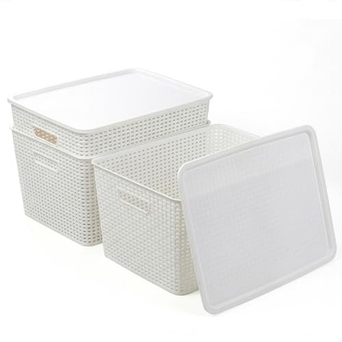 BINO | Plastic Storage Baskets with Lids, 33 Liter - 3 Pack, White | THE WOVEN COLLECTION | Storage Basket for Shelves | Woven Storage Baskets for Organizing Bins Pantry Shelf Organizer Container Bin - color: White, size: 33L | 3-Pack