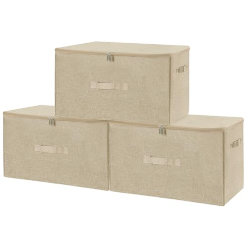 ANMINY 3PCS Storage Bins with Zipper Lids 51.9 Qt Lidded Fabric Storage Boxes Baskets Cubes with Handles Collapsible Washable Cotton Linen Closet Shelf Clothes Organizer - Beige, Extra Large - color: Beige, size: Extra Large (Pack of 3)