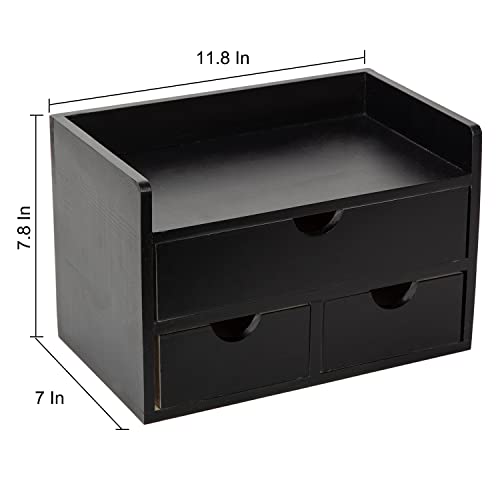 Black Bamboo Desk Organizer Wooden Storage Cabinet 3 Drawers with Shelf Tabletop Organization Box Home Office Workspace Bathroom Toiletries Supplies Caddy Vanity Makeup Stationery Holder