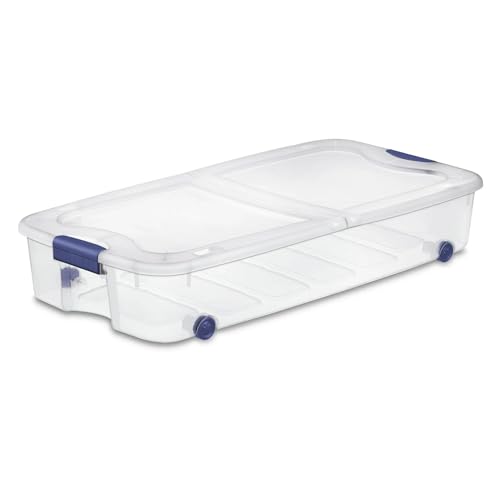66 Quart Wheeled Latch Box, Clear Underbed Storage Bin with Lid, Blue