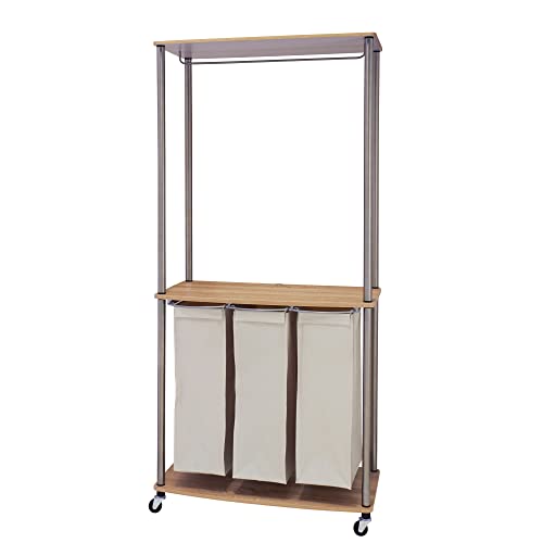 Modern Laundry Center with Wheels, 6 Load Capacity, Steel Frame, 3 Washable Linen Bags, MDF Shelves with Hanging Bar, Easy Twist-On Assembly, Light Ash Wood Grain Laminate - style: Laundry Center