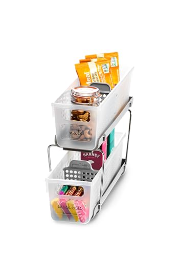 madesmart Mini 2-Tier Organizer, Multi-Purpose Slide-Out Storage with Handles and Dividers for Home and Bath, Frost