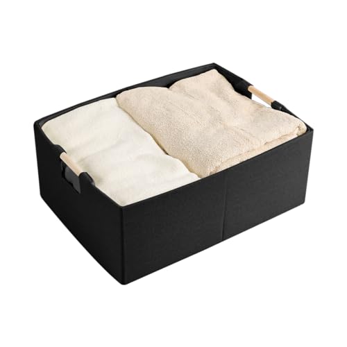 Fabric Storage Bin Box Foldable Cotton Linen Storage Basket with Wooden Handles Rectangular Cube Decorative Home Laundry Organizer Clothes Blanket Container – Black, Small - color: Black, size: Small
