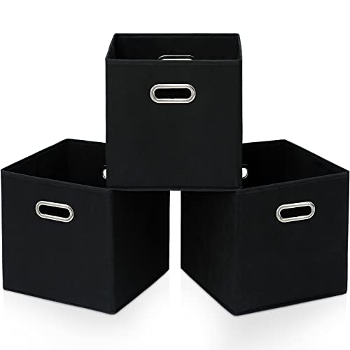 STOREONE Black Fabric Storage Bins Cubes Baskets Containers-(11X11X11) with Dual Handles Cube Storage Organizer Bins for Shelf Closet, Bedroom Organizers, Foldable Set of 3 (Black ) - color: Black, size: 3 pack