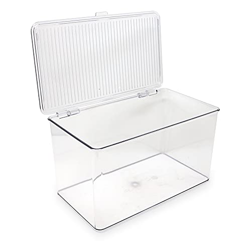 Isaac Jacobs Large Stackable Organizer Bin (10.75” x 6.5” x 6.1”) w Hinged Lid Clear Storage Box Home Office School Fridge Bathroom Kitchen Pantry Container BPAFree Food Safe (Large Clear) - size: Large