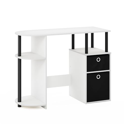 Furinno Jaya Desk, 38.4" Wide Gaming Desk with Bin Drawers, Computer Desk with Side Shelf, Office Desk for Study, Home Office, Bedroom, Dorm, Study Room, White - color: White/Black