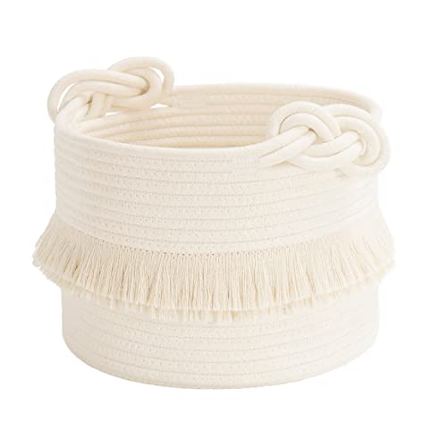 CherryNow Small Woven Storage Baskets, 9.5'' x 7'' inches Cotton Rope Decorative Hamper for Diaper, Blankets, Magazine and Keys, Cute Tassel Nursery Decor - Home Storage Container, Off-white - color: Off-white, size: 10L (9.5"W x 7"H)