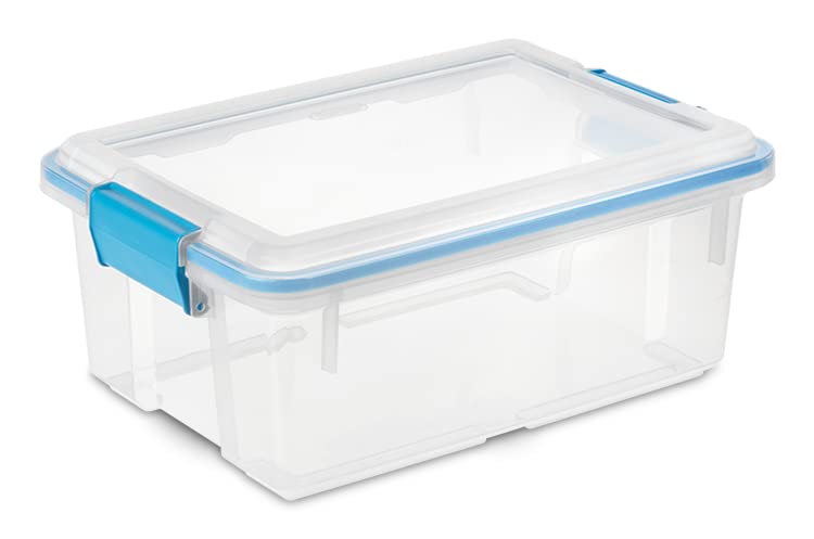 Sterilite 7.5 Qt Gasket Box, Stackable Storage Bin with Latching Lid and Tight Seal, Plastic Container to Organize Basement, Clear Base, Lid, 6-Pack