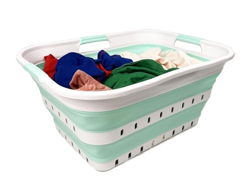 SAMMART 42L (11 gallon) Collapsible Plastic Laundry Basket - Foldable Pop Up Storage Container/Organizer - Space Saving Hamper/Basket (1, White/Light Green) - color: White/Light Green