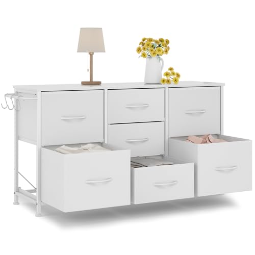 Fabric Dresser for Bedroom, Small Dressers for Kids Bedroom, 7 Drawers Dresser for Closet, Storage Organizer Chest of Drawers for Nursery, Dorm, Apartment, TV Stand, Wooden Top, Side Hook (White) - color: White, size: 11.8"D x 39.4"W x 21.7"H (7 Drawers)