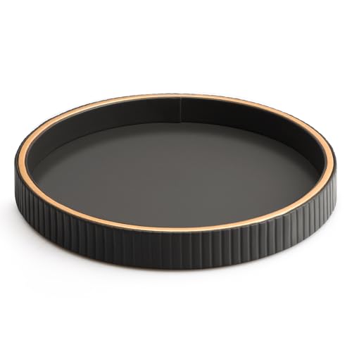 SANZIE Leather Desktop Storage Organizer Premium Serving Tray for Sundries, Cosmetics, Phone, Wallet, Cutlery - Decorative Valet Tray, Black - color: Black Disc