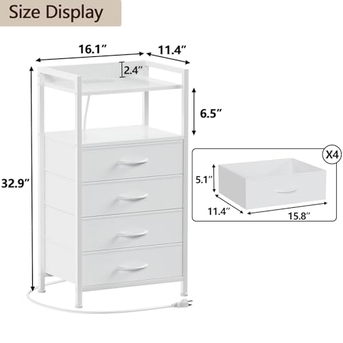 Furnulem White Nightstand with Charging Station, Night Stand Side Table with Led Light, Tall Dresser for Bedroom with 4 Fabric Storage Drawers, Metal Frame, Wood Shelf(White) - color: White, style: 4 Drawer