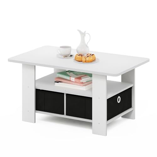 Furinno Andrey Coffee Table, Small Modern Coffee Table with Storage and Bin Drawer, Side Table for Living Room, Bedroom, Home Office, White - color: White/Black, style: 2 Bin