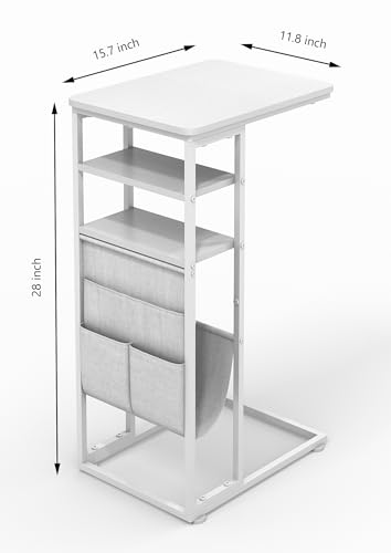 C Shaped End Table 28"(H) 3-Tier C Table with Storage Bag, Under Couch Table C-Shaped End Table with Storage Shelves and Bag for Living Room, Bedroom, or Office - color: White, size: Wood