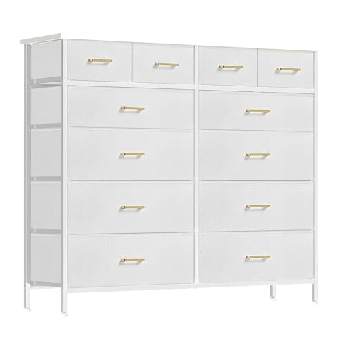 VASICAR Chest of Drawers for Bedroom with 12 Deep Drawers Tall Fabric Dresser, Storage Cabinet for Closet, Nursery, Bedside, Living Room, Entryway, Hallway (White) - color: White