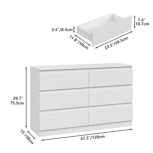 Furniouse Modern 6 Large Storage Drawers Dresser for Clothes Organizer, White Modern Chest of Drawers for Closet, 47" Long Drawer Organizer Cabinet for Bedroom, Living Room, Entryway, Hallway - size: 15"D x 47.3"W x 29.7"H (6 Drawers)