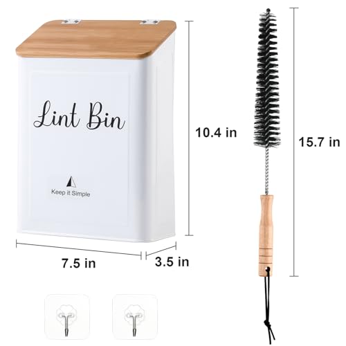SUBEKYU Magnetic Lint Bin for Laundry Room, Wall Mounted Metal Lint Box Holder with Lid for Dryer,Laundry Room Organization and Storage,Bamboo Lid Lint Basket,White - color: White