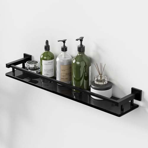 Alise Glass Bathroom Shelves Wall Mounted, 24 Inch Matte Black Tempered Floating Shelves Bathroom, Stainless Steel Bathroom Glass Shelf - color: Matte Black, size: 24 Inch