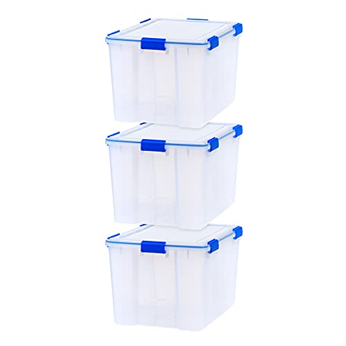 IRIS USA WeatherPro 74 Qt Storage Bins with Lids, 3 Pack, BPA-Free Plastic Gasket Box with Tight Latch and Seal, Stackable Nestable Tote Tub - Clear/Blue - size: 74 Qt. - 3 Pack