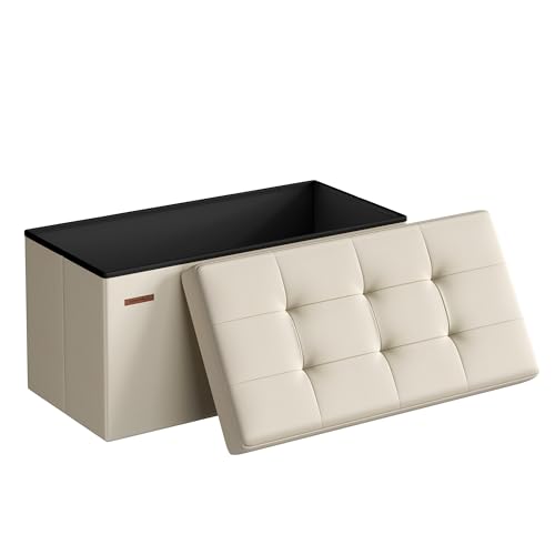 SONGMICS MAZIE Collection - 30 Inches Folding Storage Ottoman Bench, Ottoman Foot Rest, End of Bed Bench, Storage Chest, Load 660 lb, for Living Room, Bedroom, Entryway, Cream White ULSF47BE - color: Cream White, size: 15"D x 30"W x 15"H