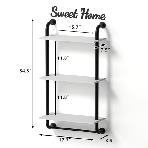 Tinpin Wall Shelves 3-Tier, Bathroom Shelves Over Toilet, Rustic Industrial Pipe Shelf, Farmhouse Bathroom Decor, Floating Shelf Wall Decor for Bedroom, Living Room 17.3 inch, White - color: White, size: 3 tier