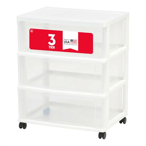 IRIS USA Plastic Drawer Storage Organizer Rolling Cart, with Wheels Casters, 3-Drawers, for Art Craft Supplies Bathroom Dorm Bedroom Laundry Room, Wide, White - color: White