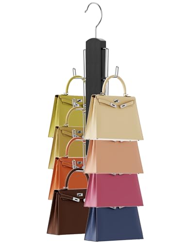 NiHome Wooden Purse Organizer for Closet, 8 Extra-Wide Metal Hooks Handbag Hanger, Space-Saving Hanging Bag Holder & Purse Rack for Closet Organization (Black) - color: Black, size: 1 Pack