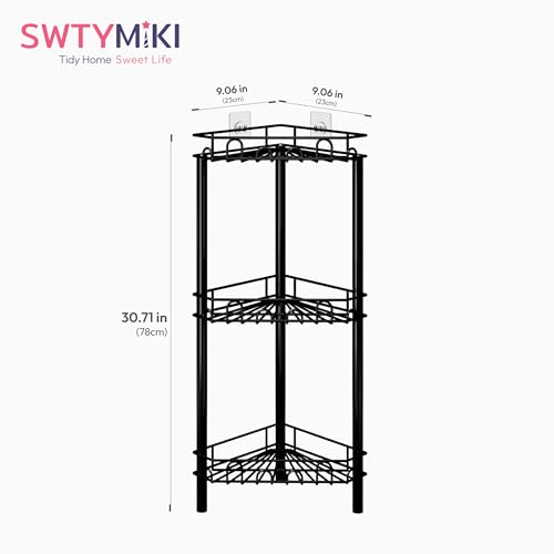 SWTYMIKI Standing Shower Caddy Corner - 3‑Tier Stainless Steel Shower Organizer Shelf with 12 Hooks and Adhesive Pads, Rustproof Corner Shelves Stand Rack for Bathroom Shower Room, Black - color: Black