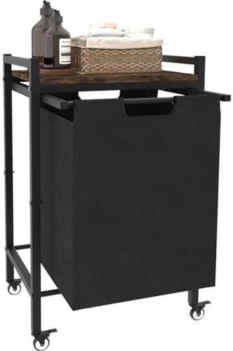 14.5 Gal Large Laundry Hamper with Wheels, Pull-Out & Removable Sorter Bags, Freestanding Clothes Basket Organizer for Clothing or Toys in Bathroom and Living Room, Rustic Brown and Black - size: 1 Section with wheels