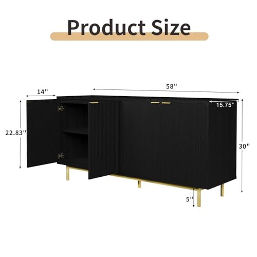 MUUEGM Sideboard Buffet Cabinet with Storage, 58" Large Kitchen Storage Cabinet with Shelves and 4 Fluted Doors, Modern Console Table for Kitchen, Dining Room, Hallway(Black) - color: Black