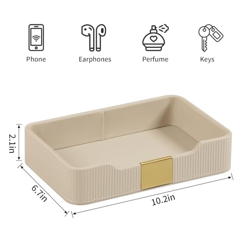 Valet Tray Desktop Storage Organizer, PU Leather Catchall Bedside Vanity Tray with Brass Accents Block Nightstand Organizer for Keys Watch Wallet Phone, Decorative Nightstand Storage (Beige) - color: Beige