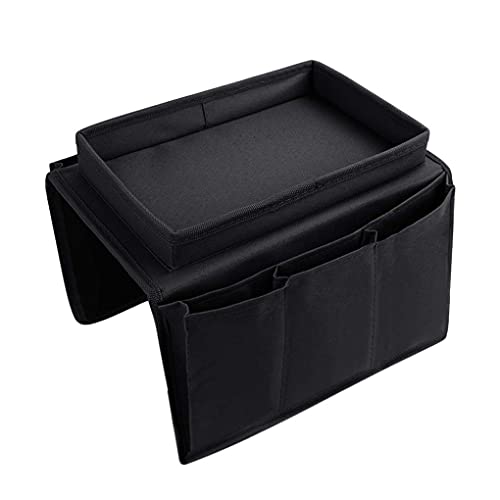 Couch Sofa Armrest Organiser with Cup Holder Tray Chair TV Remote Holder Bedside Storage Pocket Bag for Cellphone Tablet Notepad Book Magazines DVD Eyewears Drinker Snacks Holder Pouch - color: Black (with top tray)