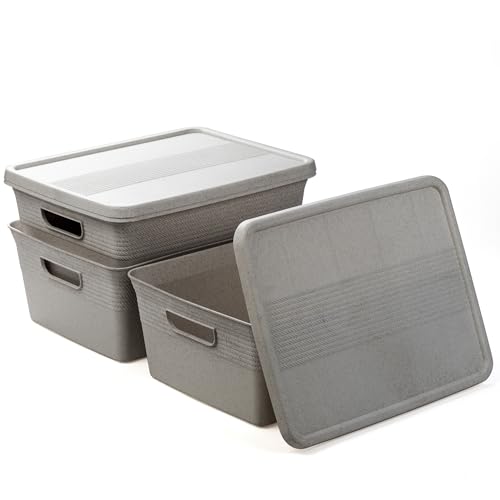 BINO | Plastic Storage Bins with Lids, 13 Liter - 3 Pack, Natural Grey | THE BRAIDED COLLECTION | Plastic Bins for Organization Woven Storage Baskets for Organizing Pantry Shelf Organizer Basket Bin - color: Natural Grey, size: 13L | 3-Pack