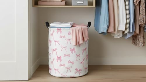 19.7" Laundry Basket,Dirty Clothes Hamper,Waterproof Storage Bin,Room Decor,Gift Baskets,Nursery Hamper(Pink Bowknot) - color: Pink Bowknot