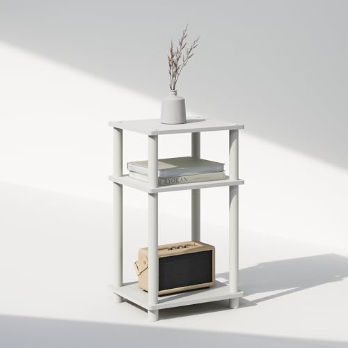 Furinno JUST Side Table, 3-Tier End Table, Open Shelves Night Stand, Bedside Table, Toolless Assembly, for Living Room, Bedroom, Bathroom, White - color: White/White, size: 3-Tier, Round Pole, style: 1-Pack