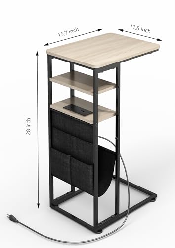 C Shaped End Table with Charging Station, 28"(H) 3-Tier C Table with Storage Bag, Under Couch Table C-Shaped End Table with Storage Shelves and Bag for Living Room, Bedroom, or Office - color: Oak, size: Wood--with Socket